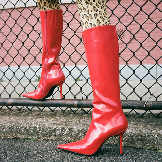 Red Pointed Toe Wide Calf Knee High Boots with Chunky Heels