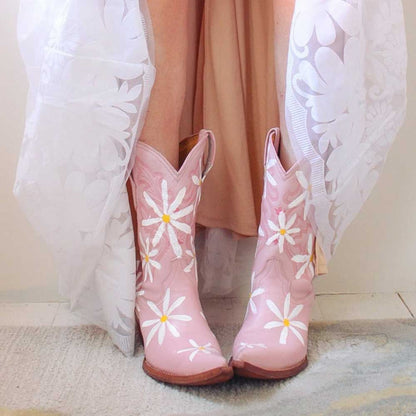 Pink Chunky Heel Flower Cowgirl Western Mid-Calf Boots for Women