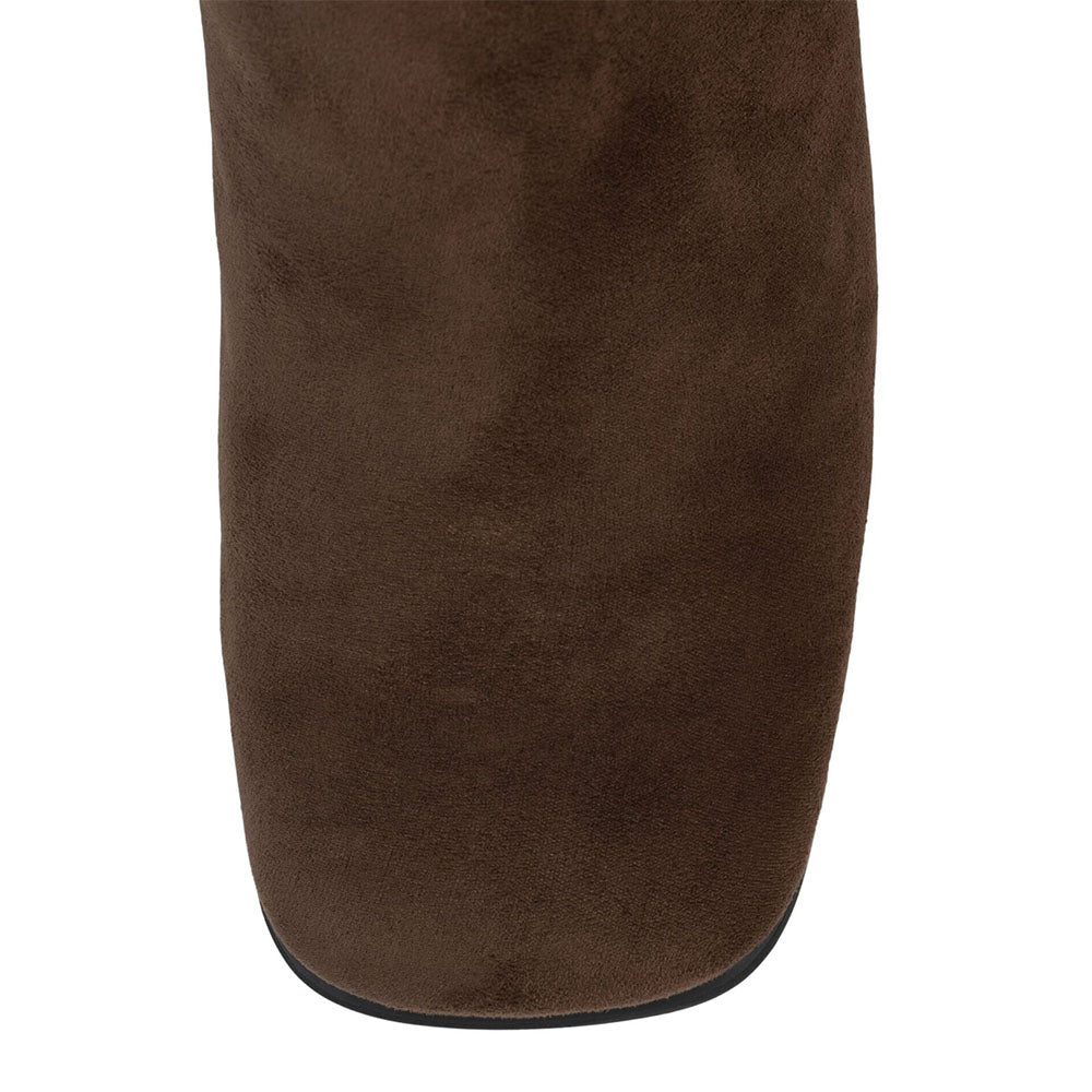 Brown Faux Suede Square Toe 3'' Chunky Heel Wide Calf Knee High Boots