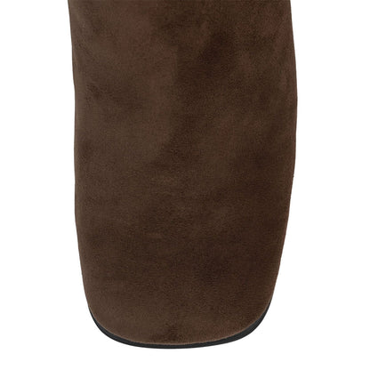 Brown Faux Suede Square Toe 3'' Chunky Heel Wide Calf Knee High Boots