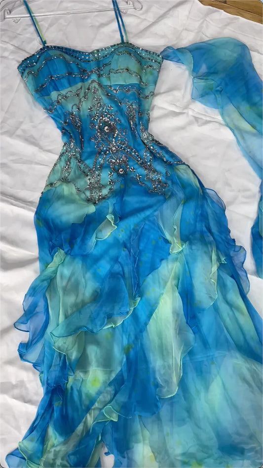 Vintage Blue Chiffon Prom Dress Sheath Ruffled Evening Dress Fairy Dress TP4675