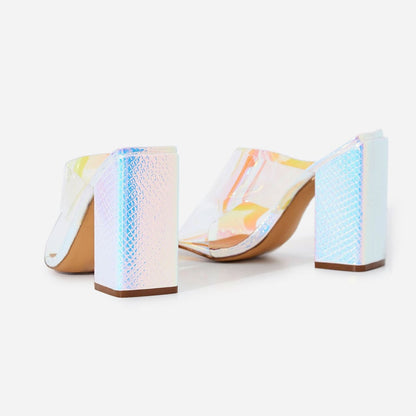 Women's Hologram Square Toe Transparent PVC Block Heel Mules Shoes