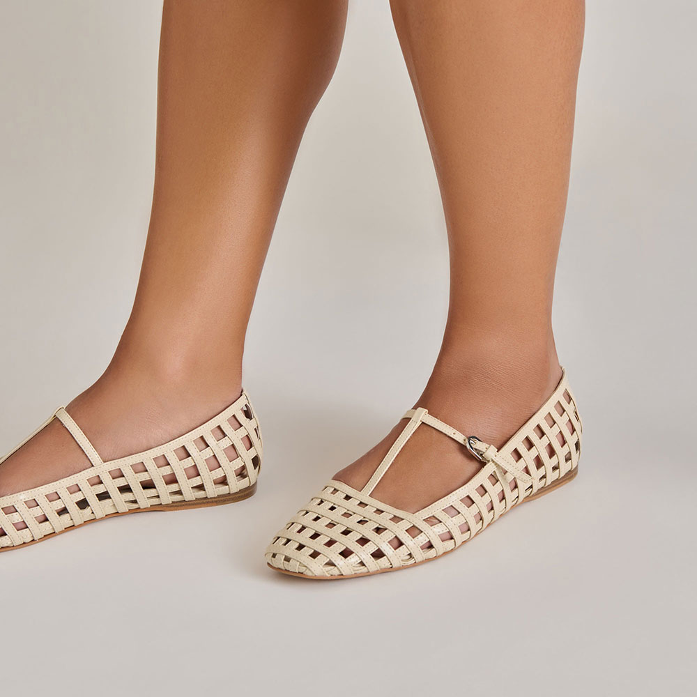 FSJ Casual Ivory Square Toe Cut-Outs Summer Flats with T-Strap