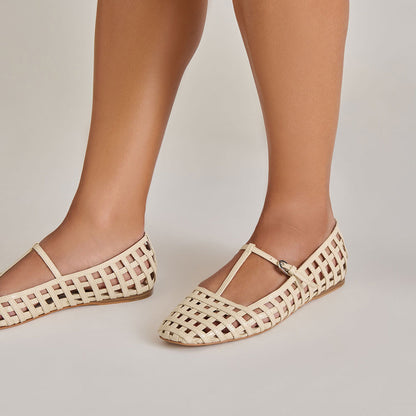 FSJ Casual Ivory Square Toe Cut-Outs Summer Flats with T-Strap