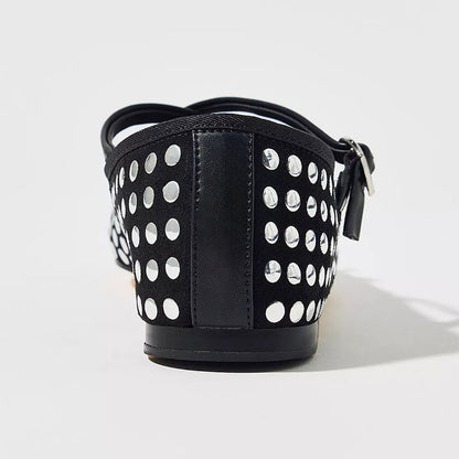 Black Round Toe Studded Fashion Ballet Flats with Straps