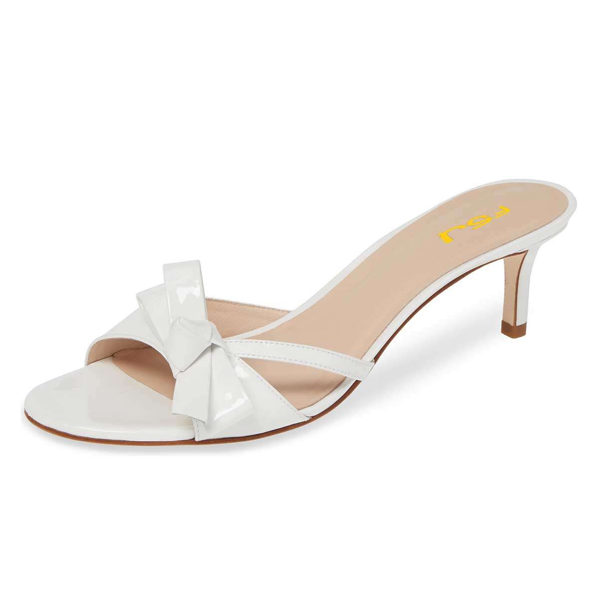 White Patent Leather Bow Kitten Heels Mules Sandals