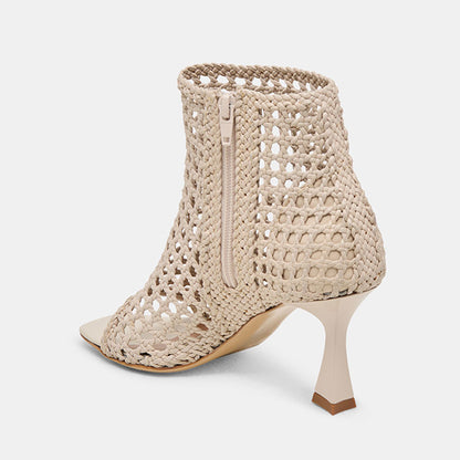 Beige Woven Cut-Out Open Square Toe Flared Heel Zipper Summer Boots