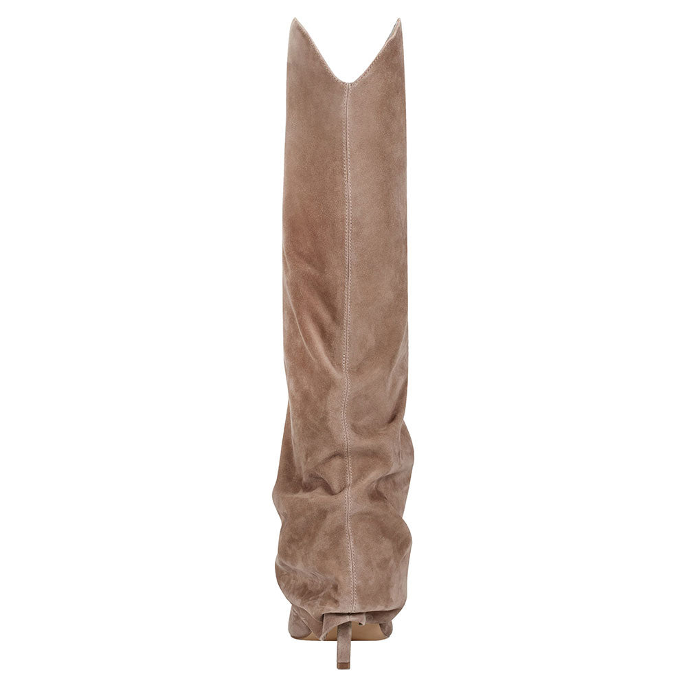 Taupe Pointed Toe Stiletto Heel Slouch Fold-Over Knee High Boots