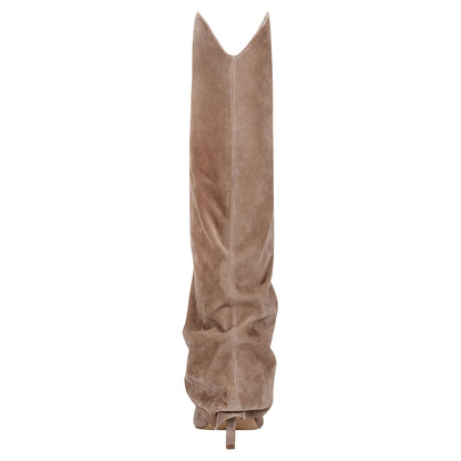 Taupe Pointed Toe Stiletto Heel Slouch Fold-Over Knee High Boots