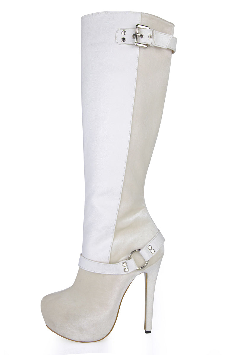 Women's White Buckle Platform Knee High Boots with Stiletto Heel