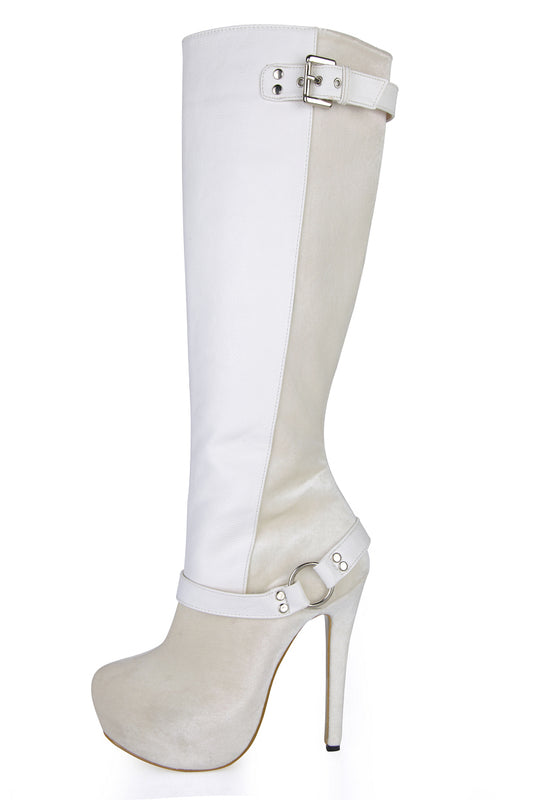 Women's White Buckle Platform Knee High Boots with Stiletto Heel