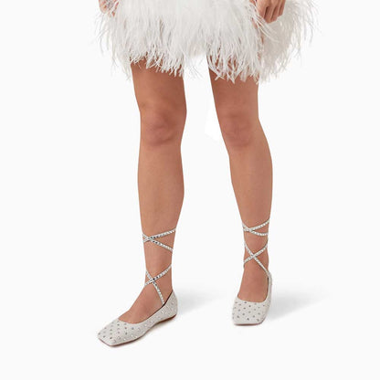 Square Toe Crystal Embellished Lace-Up Women's Dress Flats in White