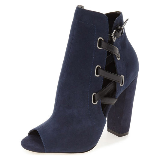 Women's Navy Peep Toe Vegan Suede Lace Up Chunky Heel Ankle Boots
