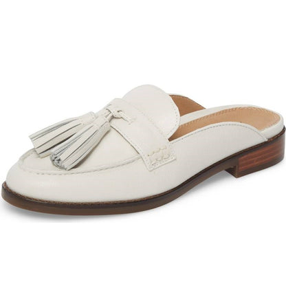 Ivory Round Toe Comfy Flats Fringe Mule Loafers for Women