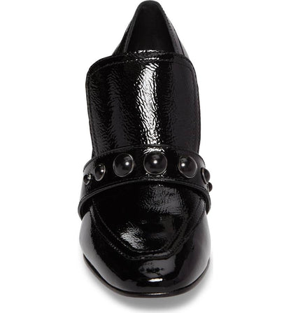 Stylish Black Studded Strap Block Heel Women's Loafers