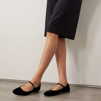 Velvet Square Toe Mary Jane Flats with Buckle Strap in Black