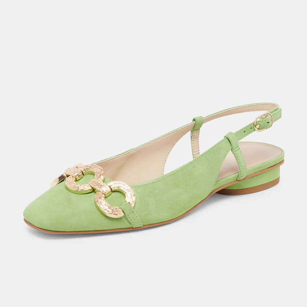 Green Vegan Suede Square Toe Gold Chain Slingback Casual Flats
