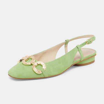 Green Vegan Suede Square Toe Gold Chain Slingback Casual Flats