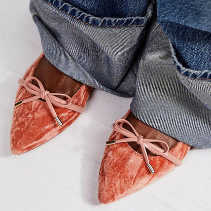 Pink Velvet Pointed Toe Bow Strap Slingback Flats