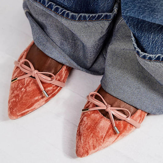 Pink Velvet Pointed Toe Bow Strap Slingback Flats