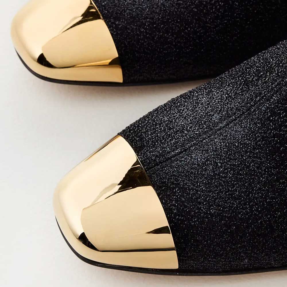 Black Metallic Knit Chunky Heel Mid Calf Boots with Gold-Tone Toe Cap