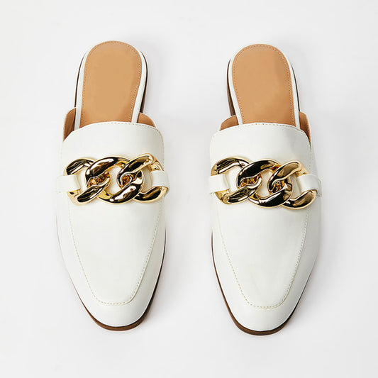 White Closed Toe Flat Mules with God Chain