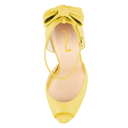 Yellow Peep Toe Bow Inlay Ankle Strappy Pumps with Stiletto Heel