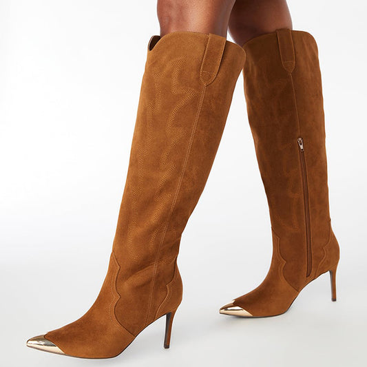 Brown Vegan Suede Zipper Metal Toe Stiletto Heel Knee High Boots