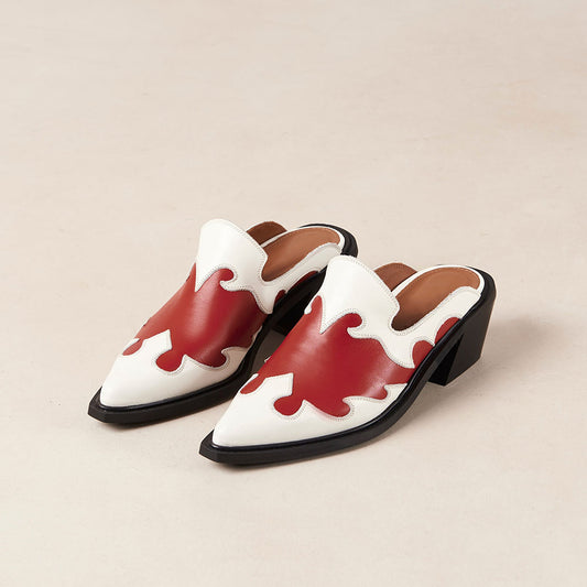 White & Red Pointed Toe Chunky Heel Patchwork Western Mules