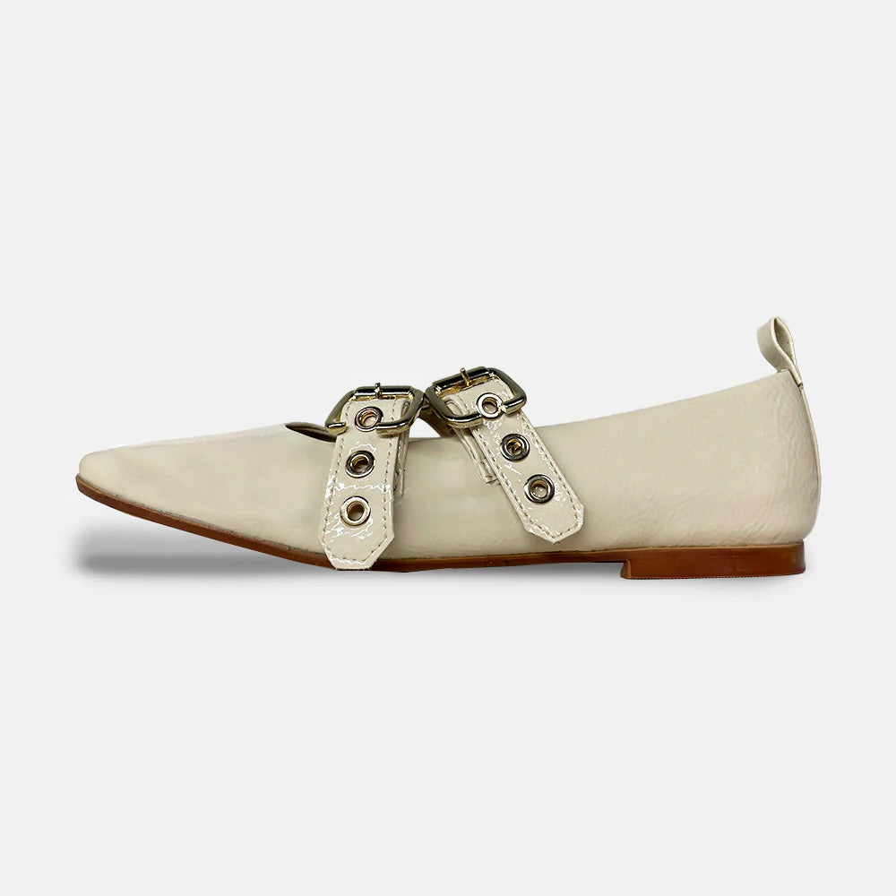 Trendy Ivory Patent Leather Square Toe Grommet Buckle Strap Flats
