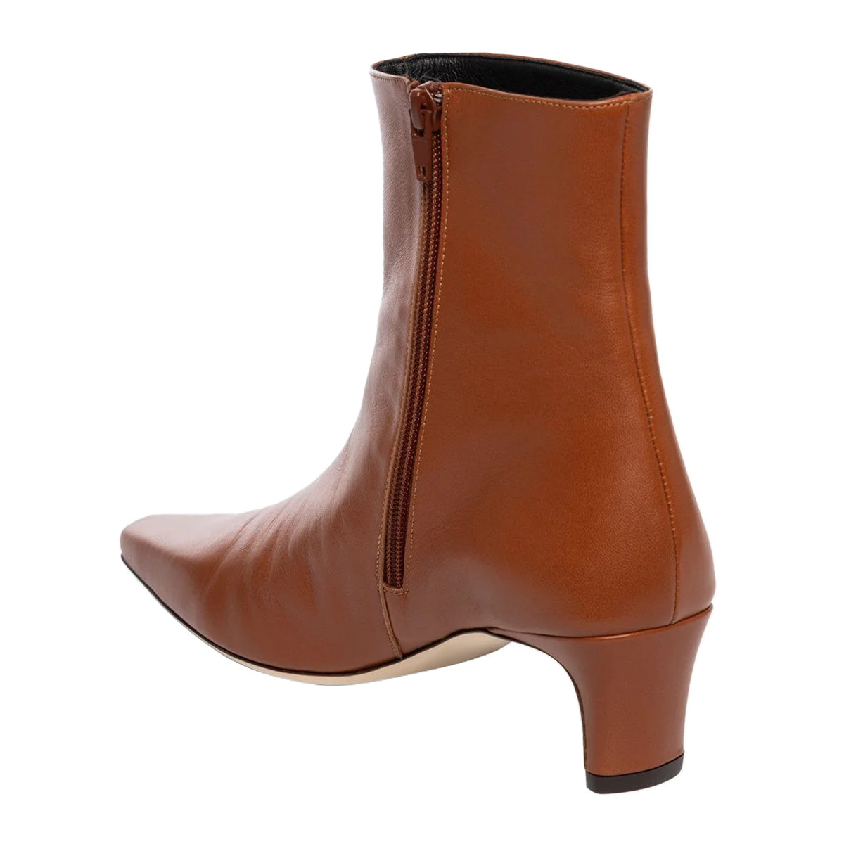 Vegan Leather Zipper Snip Toe Block Heeled Ankle Boots in Brown