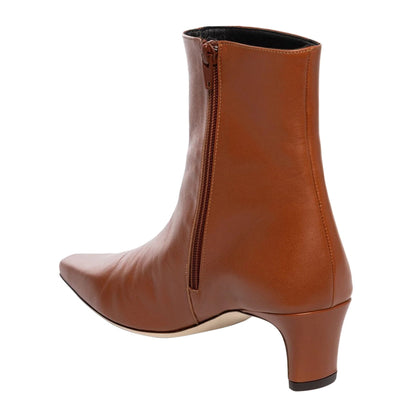 Vegan Leather Zipper Snip Toe Block Heeled Ankle Boots in Brown