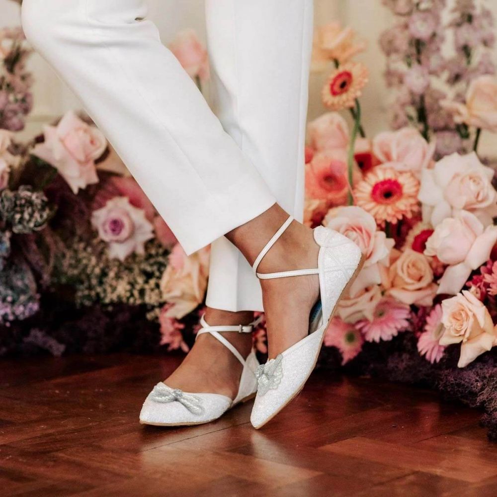 Elegant White Glitter Pointed Toe Ankle Strap Flats with Bow Decor