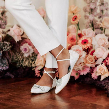 Elegant White Glitter Pointed Toe Ankle Strap Flats with Bow Decor