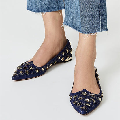 Navy Stars Studded Pointed Toe Comfortable Flats