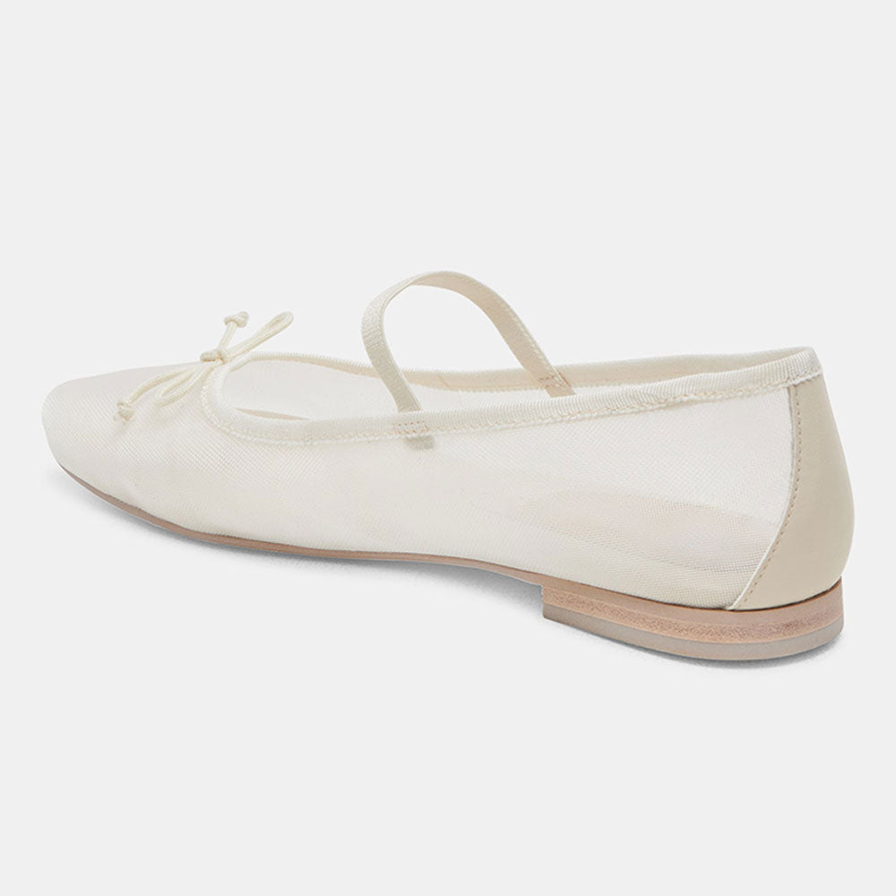 Ivory Mesh Bow Tie Slip-On Round Toe Ballet Flats with Straps