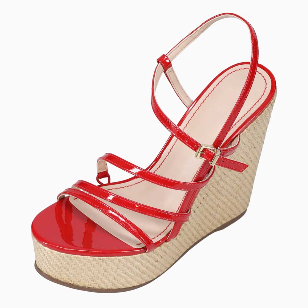 Red & Beige Open Toe Buckle Strappy Wedge Sandals with Woven Platform