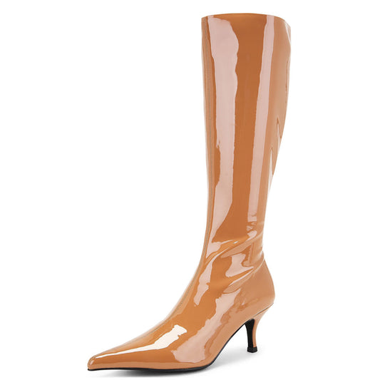 Simple Tan Patent Leather Pointed Toe Stiletto Heel Knee High Boots