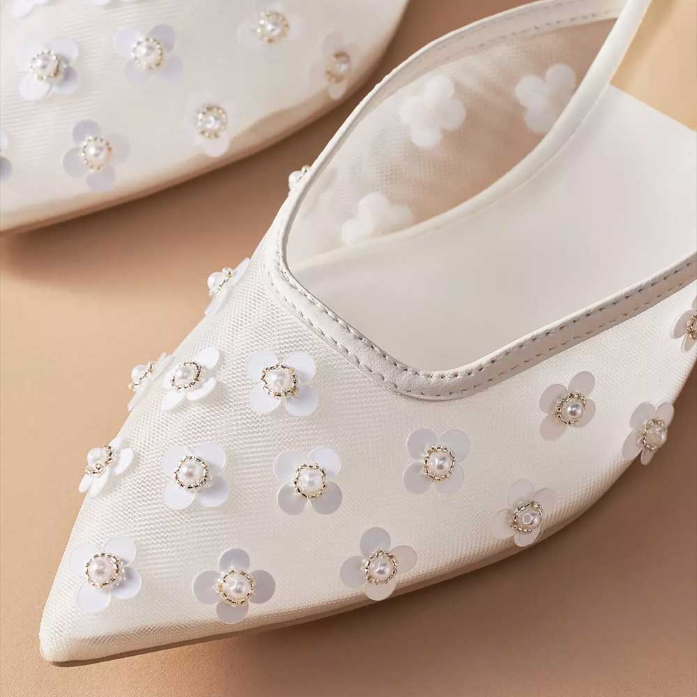 Women's White Mesh Pearl Flower Kitten Heel Pointy Toe Mules Shoes