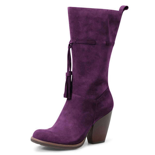 Purple Closed Toe Tasseled Tie Front Chunky Heel Mid Calf Boots