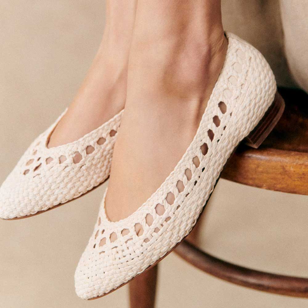 White Vegan Leather Pointed Toe Flat Slip-On Woven Shoes