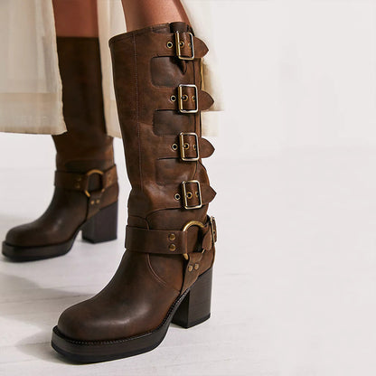 Brown Vegan Leather Closed Toe Chunky Heel Platform Mid Calf Boots
