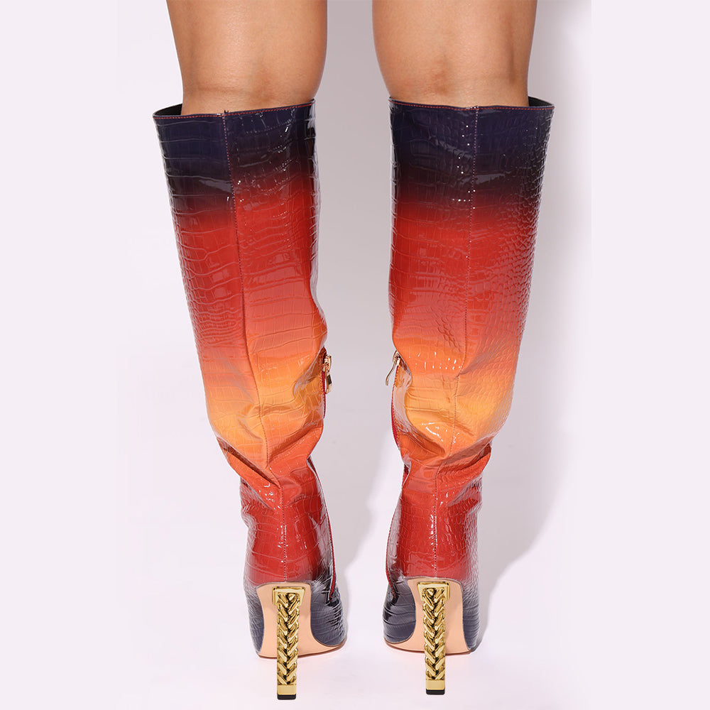 Women's Gradient Croco Embossed Decorative Heel Knee High Boots