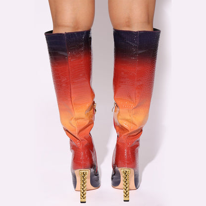 Women's Gradient Croco Embossed Decorative Heel Knee High Boots