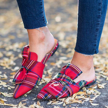 Red and Green Tartan Knotted Front Slip-On Flat Mule Women's Loafers