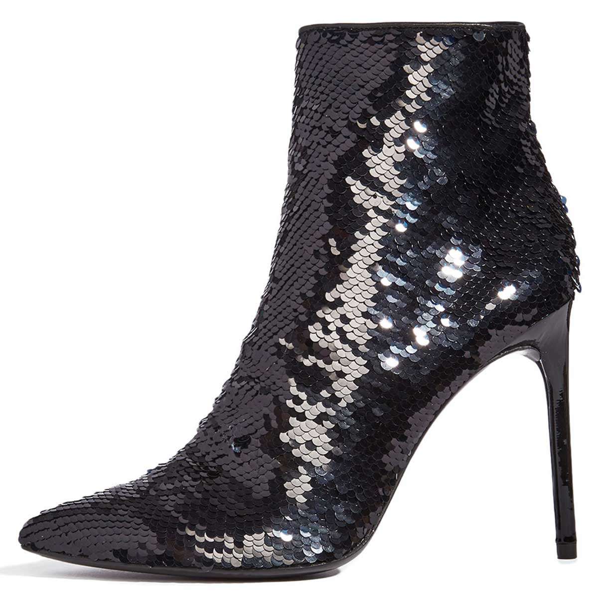 Women's Sequin Pointed Toe Stiletto Heel Ankle Boots in Black