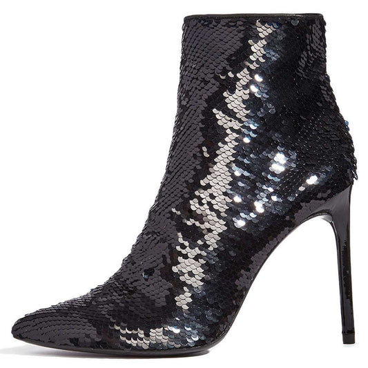 Women's Sequin Pointed Toe Stiletto Heel Ankle Boots in Black