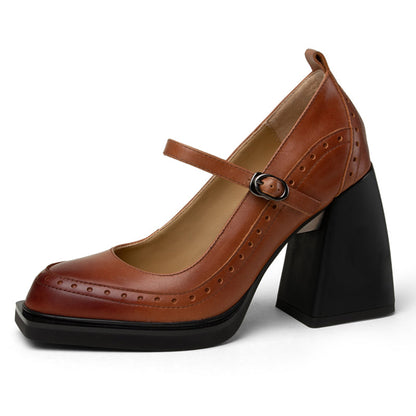 Brown Vegan Leather Closed Toe 4'' Chunky Heel Platform Loafers