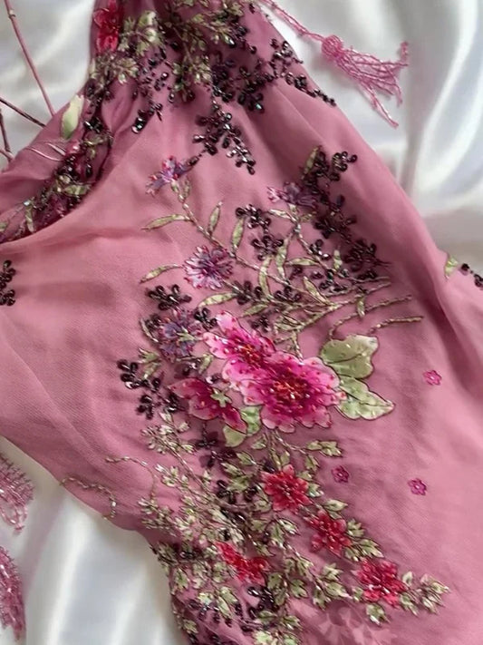 Vintage Pink Floral Embroidery Prom Dress Red Mermaid Evening Dress Satin Formal Dress TP4669