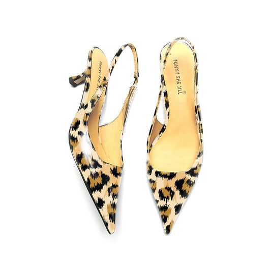 Women's Leopard Print Slingback Pumps Pointed Toe Office Kitten Heels